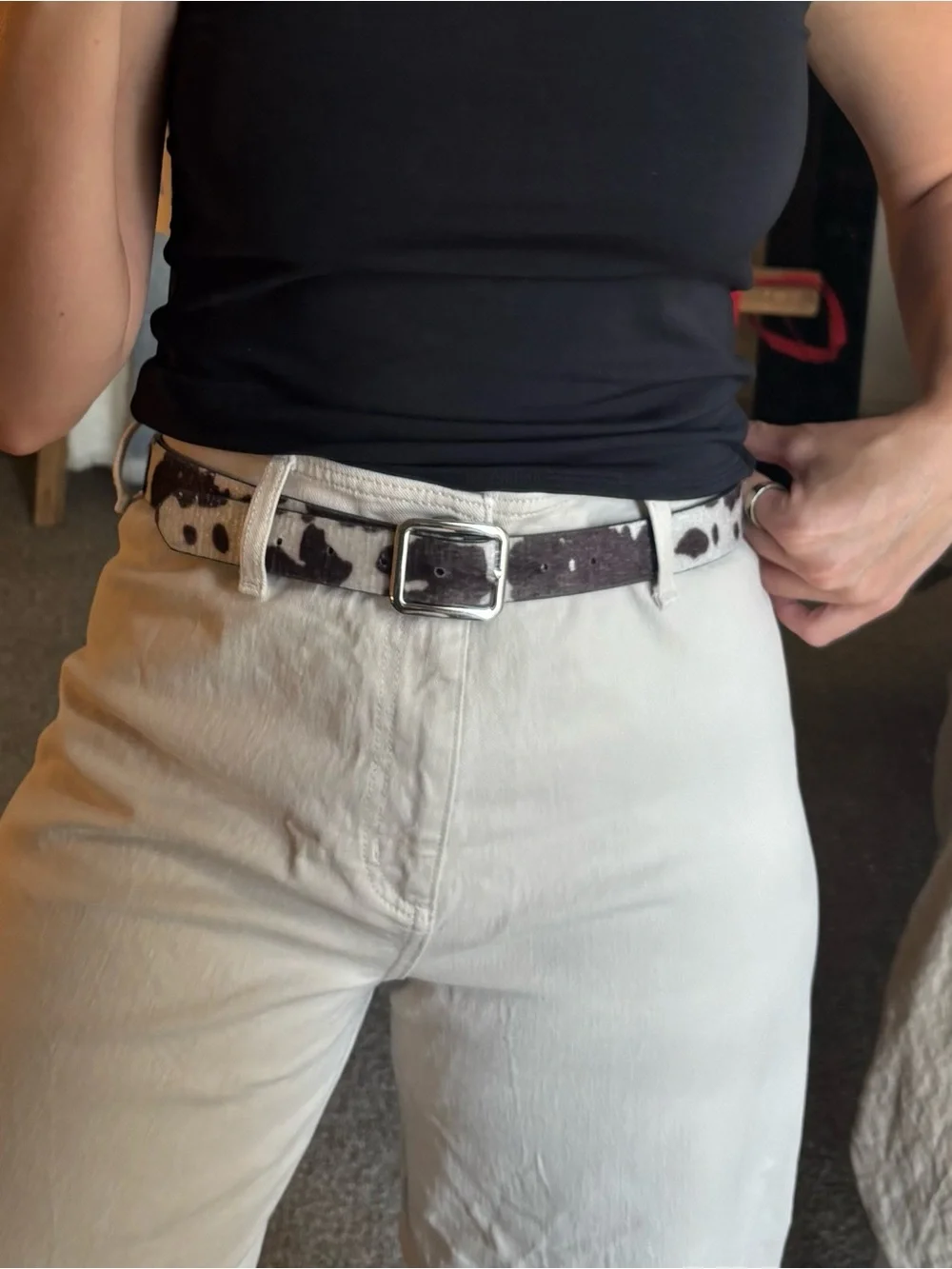 Cowhide Print Leather Belt in Brown and White - Women Accessories